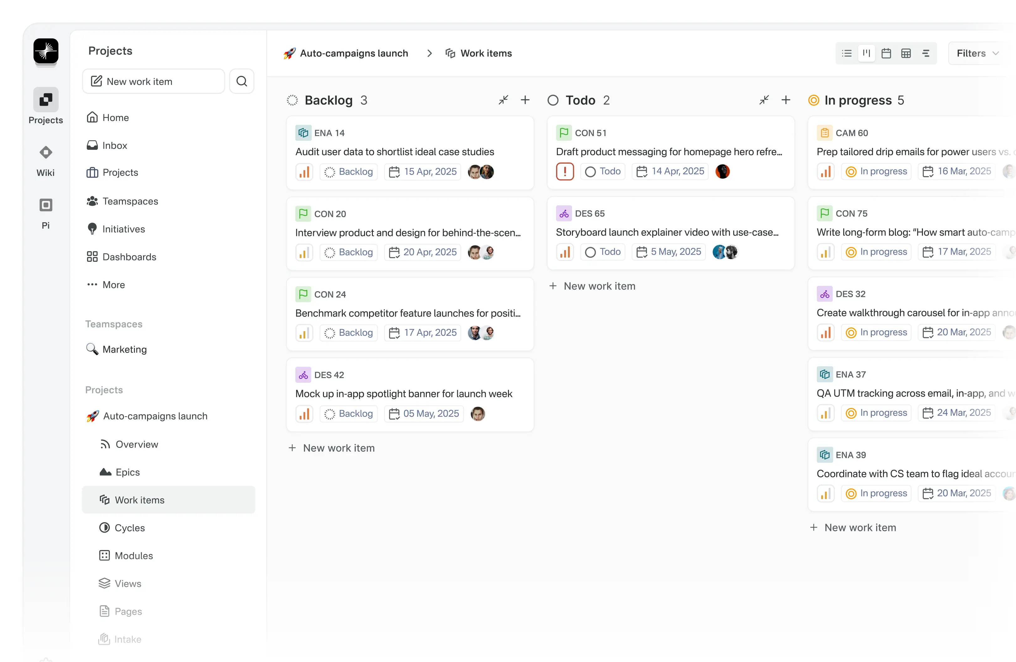 Plane work management interface with project work items